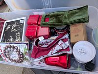 overview of tote with various Christmas items inside