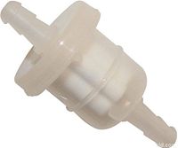 Close-up of single translucent plastic fuel filter showing barb ends and internal element