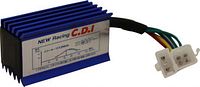 Top view of blue Yimatzu CDI showing label and connectors