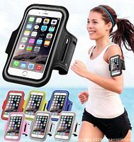 Arm band phone holder shown worn on arm and displayed in various colours