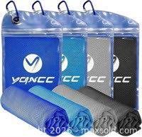 Front view of four rolled towels and their clear pouches with YONCC branding