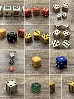 Group shots and close-ups of assorted dice showing colors, pip styles and novelty symbol faces