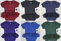 All six colored bodysuits laid out front view