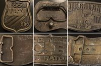 Collage showing fronts and backs of all three brass belt buckles