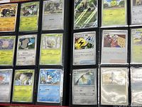 Two binder pages showing mixed English and Japanese Pokémon, Trainer and Energy cards with foil variants