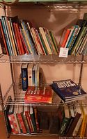 Full shelf showing mixed children’s, cook, travel and reference books