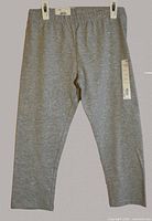 Full front view of gray capri leggings hanging