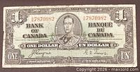 Obverse of 1937 Bank of Canada one-dollar note showing portrait, serial number 78709832