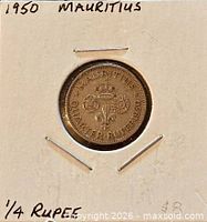 Reverse of 1950 Mauritius Quarter Rupee in holder