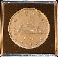 Reverse of 1953 Canada silver dollar in holder