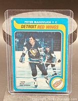 Front of Peter Mahovlich #187 O-Pee-Chee hockey card showing blue border and player image
