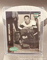 Front of Terry Sawchuk Parkhurst Collectibles card in plastic holder