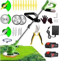 Kit layout showing trimmer, batteries, charger, blades, shears, goggles, gloves, Allen key