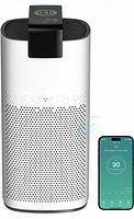 Full view of MERONTE air purifier with smartphone app interface