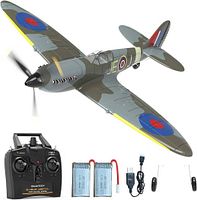 Stock image showing VolantexRC Spitfire plane with transmitter, batteries, charger, landing gear