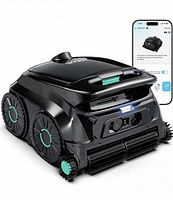 Front three-quarter view of WYBOT B1 pool vacuum alongside smartphone displaying app interface
