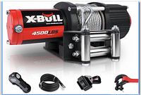 Winch with steel cable, roller fairlead, wired remote, power lead, hook strap