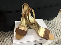 Pair of wedge sandals on box showing front and side profiles