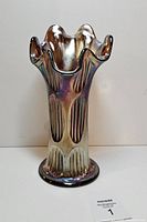 Front view showing full vase, pattern and iridescent finish