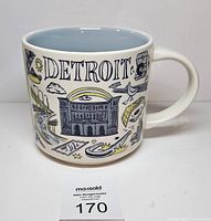 Front view of mug showing Detroit text and main illustration