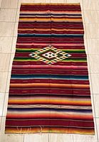 Full view of Mexican Saltillo serape rug showing overall pattern and dimensions