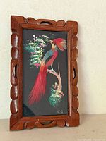 Front view of framed feathercraft bird artwork