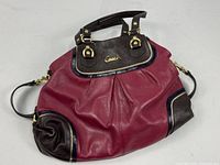 Full view of Coach satchel showing color scheme, handles and shoulder strap