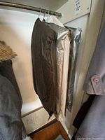 Garment bags and hanging garments in closet, shows location of blazer