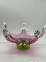 Front view of sculptural pink and green Chribska art glass bowl