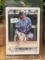 Front of 2022 Topps Bobby Witt Jr. rookie card in toploader
