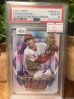 Front of PSA-slabbed 2023 Topps Stars of the MLB Chrome Shohei Ohtani card showing label and card image