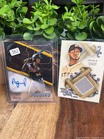 Both cards upright in top-loaders on tabletop