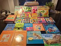 Overall view of front row and stacked books