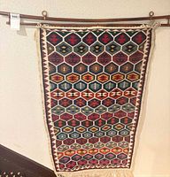 Full view of wool kilim runner showing geometric pattern