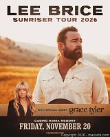 Promotional poster for Lee Brice Sunriser Tour 2026 showing artist and event details