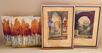 Group view showing four autumn tree canvases and two framed classical prints