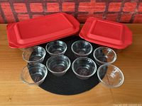 All items: two baking dishes with red lids, eight custard cups