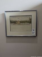 Full view of framed watercolor and pencil landscape