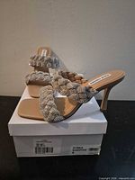 Full view of both mules on box showing overall style, color and rhinestone detail