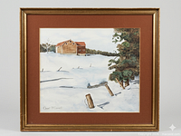 Framed winter landscape watercolor, full view with frame