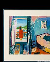 Overall view of framed artwork showing composition and matting