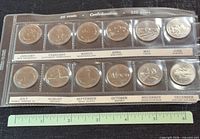 Full set of 12 coins arranged by month in plastic panel with ruler for scale