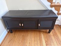 Full view of black storage bench with cushion