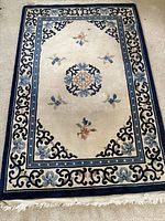 Full view of rug showing overall pattern and fringe