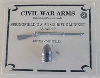 Front of sealed card displaying musket and bullet replicas