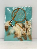 Front view of packaged dreamcatcher showing hoop, web, beads, feathers