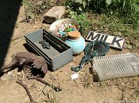 Overview of the lot items arranged on the ground in sunlight showing all items including the bird, mirror, glass trays, ornaments, box, jar, and sign.