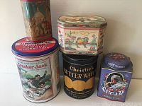 Five vintage tin cans including rectangular Indian scene, oval floral tin, blue Queen Victoria sugar tin, Christie’s Butter Waffles tin, Cracker Jack popcorn tin