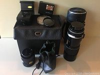 Full lot of five items including two flashes, two lenses, a filter, and carrying case with smaller individual bags.