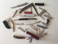 Top-down view of eighteen assorted pocket knives and multi-tools placed on a light surface. Various sizes, handle materials, and blade types are visible.